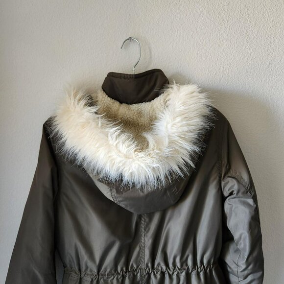 H&M Coat Olive Green Fur Hooded Puffer Parka Jacket Size S Vintage Y2k - Picture 3 of 8